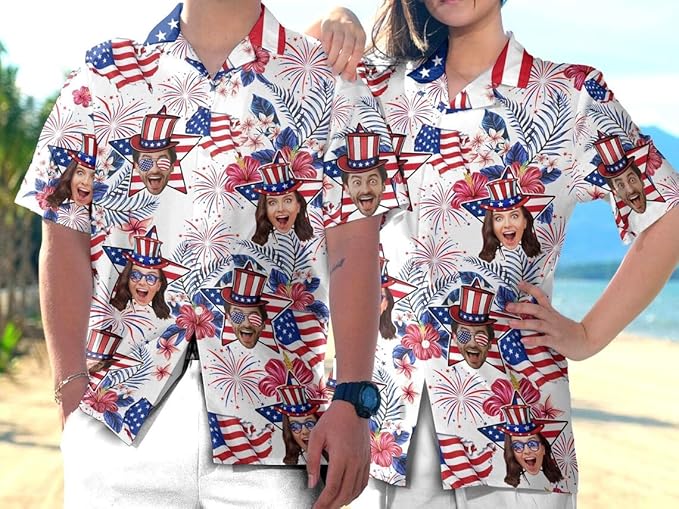Custom Photo Patriotic Short Sleeve Hawaiian Shirt with Face, Personalized Photo Independence Day Hawaiian Shirt Funny 4th of July Mens and Womens, American Flag Shirts, Custom USA Shirts