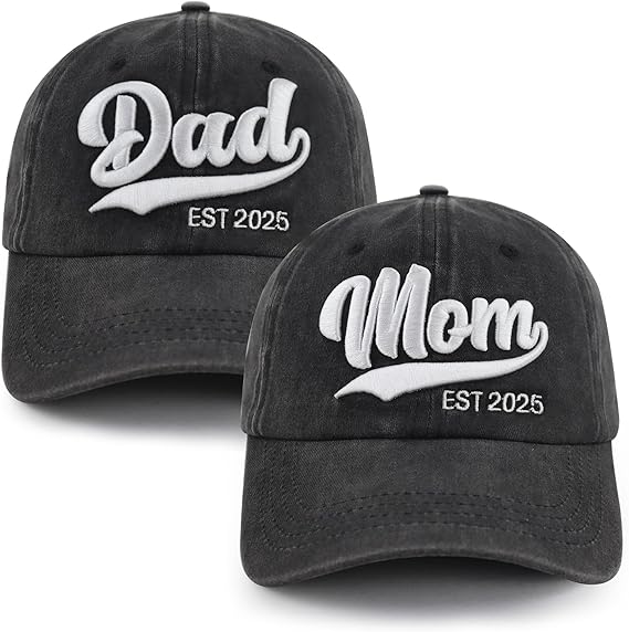 Mom and Dad EST 2025 Hat, Embroidered Adjustable Cotton New Parents Gifts Baseball Cap