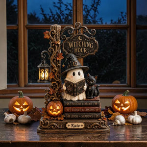 Cute Ghost Witch & Black Cat Reading Spells Halloween Decoration, Gothic Autumn Bookshelf Display with Lantern and Custom Name 718d304e-91c1-4edb-9af5-1a5045077979-fdgdfgfd-1-.webp