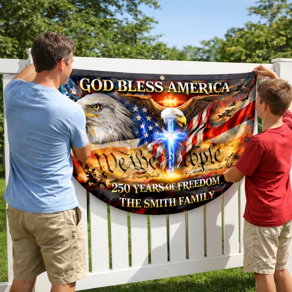 Personalized 250 Years God Bless America Flag Bunting, 250th Anniversary USA Patriotic Flag Custom Family Name, 1776-2026 Commemorative, Celebrate 250th Anniversary Banner, Patriotic Gift