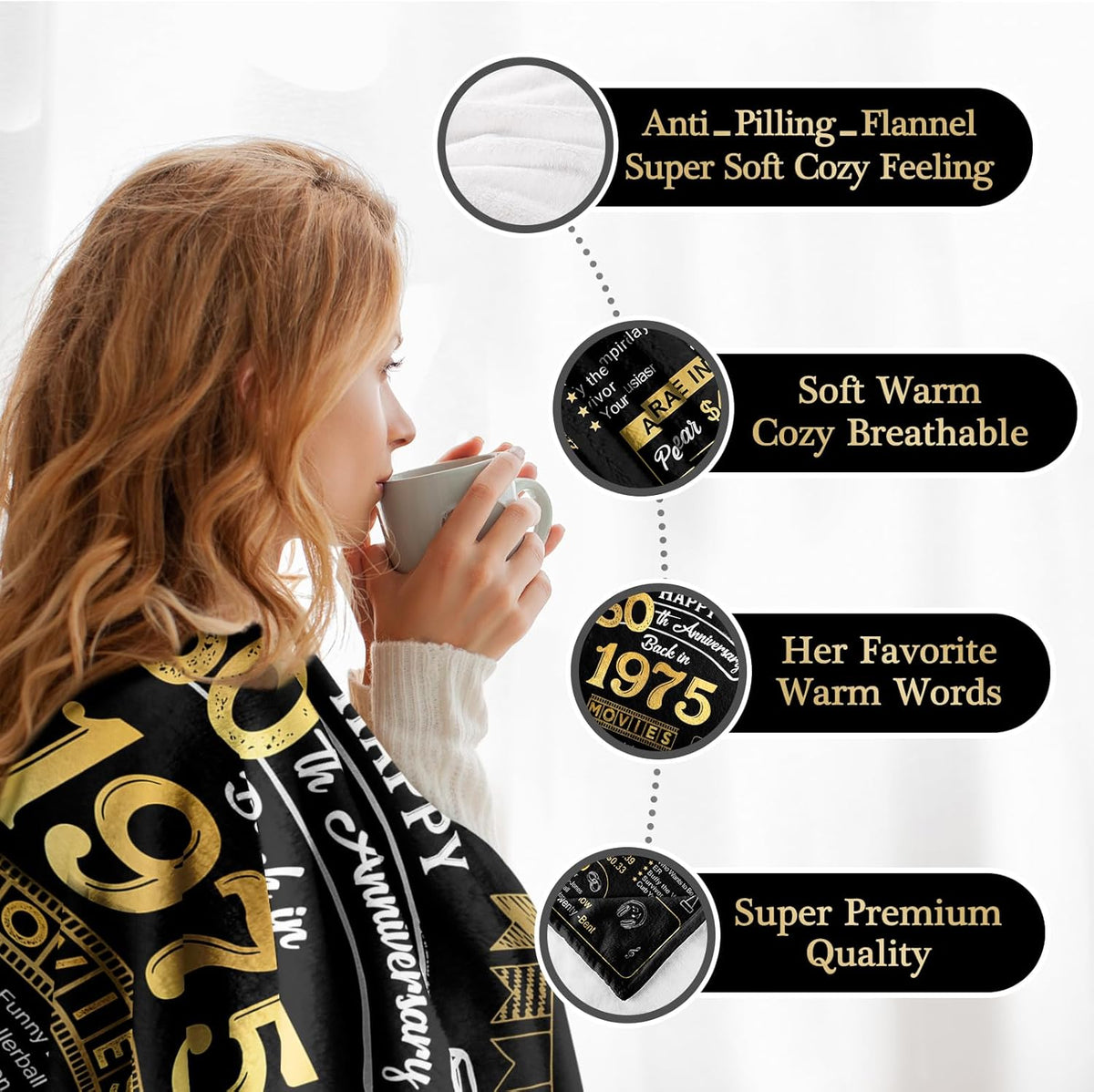 50th Anniversary Blanket - Golden '50 Years of Marriage' Commemorative Gift for Couple - Wife, Husband, Parents, Grandparents - Back in 1975 - Blanket