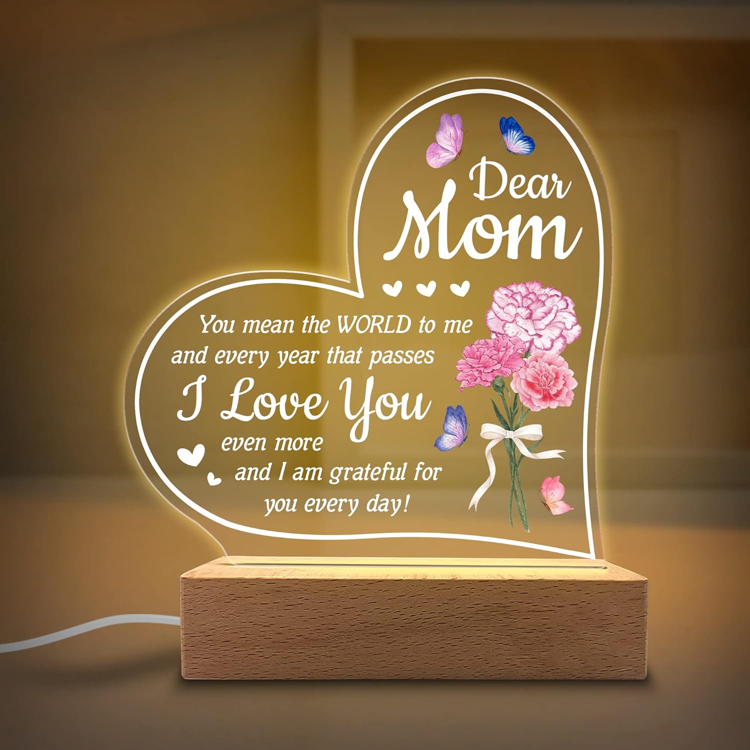 Acrylic Night Light - You Mean The World to Me - Acrylic Light Gift for Mom from Son, Daughter on Mothers Day - Birthday Gifts to Mom