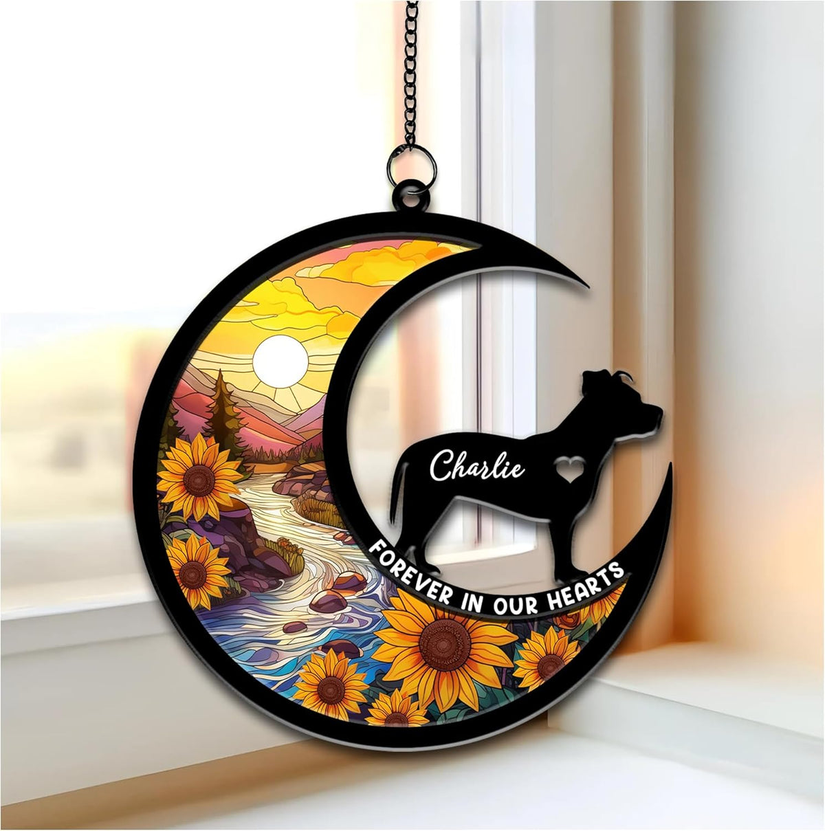Forever In Our Heart Personalized Dog Memorial Suncatcher - Gift for Pet Lover - Pet Loss Gift - Hanging Indoor Window Decor - Custom Dog Breed Suncatcher Ornament