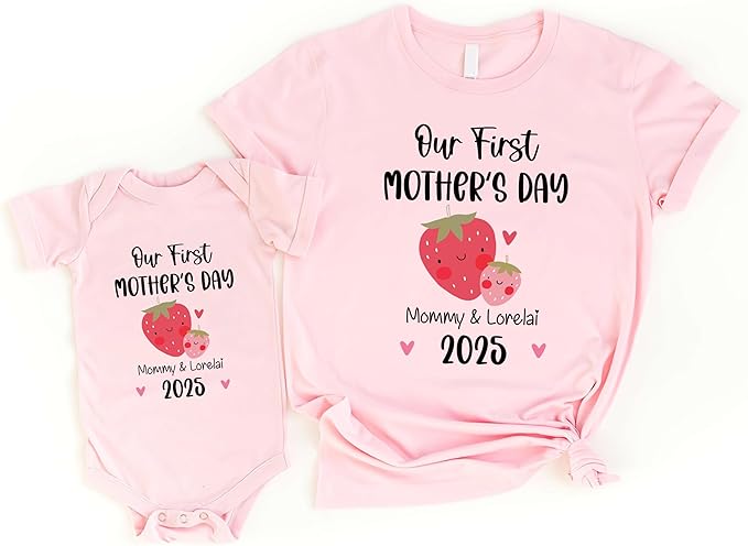 Personalized Our First Mothers Day Matching Shirts, Mom Baby Matching Outfits Mothers Day 2025 Strawberry shirt