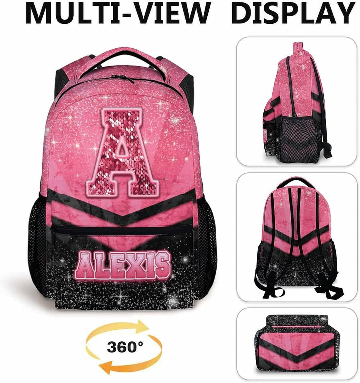 Custom School Backpack for Girls- Personalized Glitter Initial Name Backpack for Kids Kindergarten Preschool Primary - Black & Pink Student Cheerleader Bookbag for Travel Work School