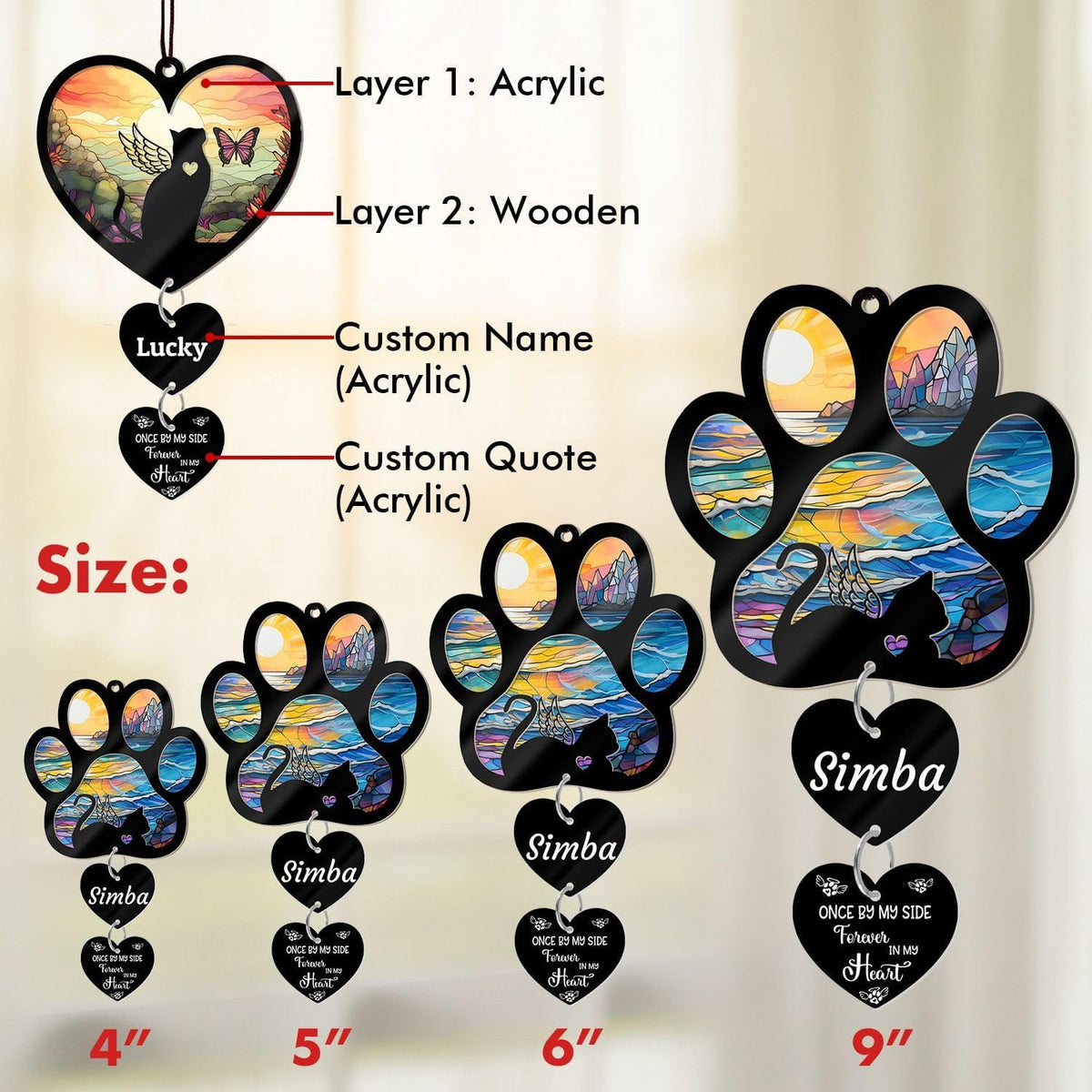 Personalized Cat Memorial Suncatcher for Windows Stained Glass, Custom Pet Sympathy Gift to Memorialize The Loss,Unique Angel Cat Statue Suncatchers with Personalized Decorations