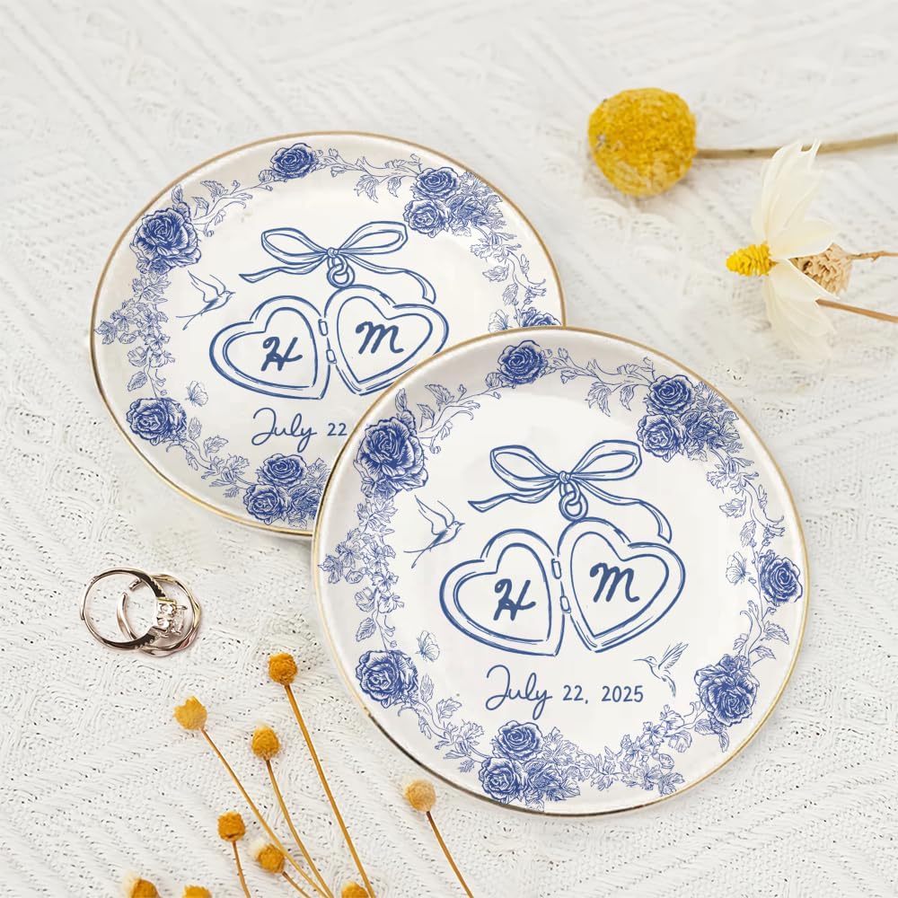 Personalized Mr and Mrs Ring Dish Custom Ceramic Jewelry Tray with Initials & Date, Blue Rose Vintage Wedding Gold Rim Ring Plate, Engagement or Gift for Couples
