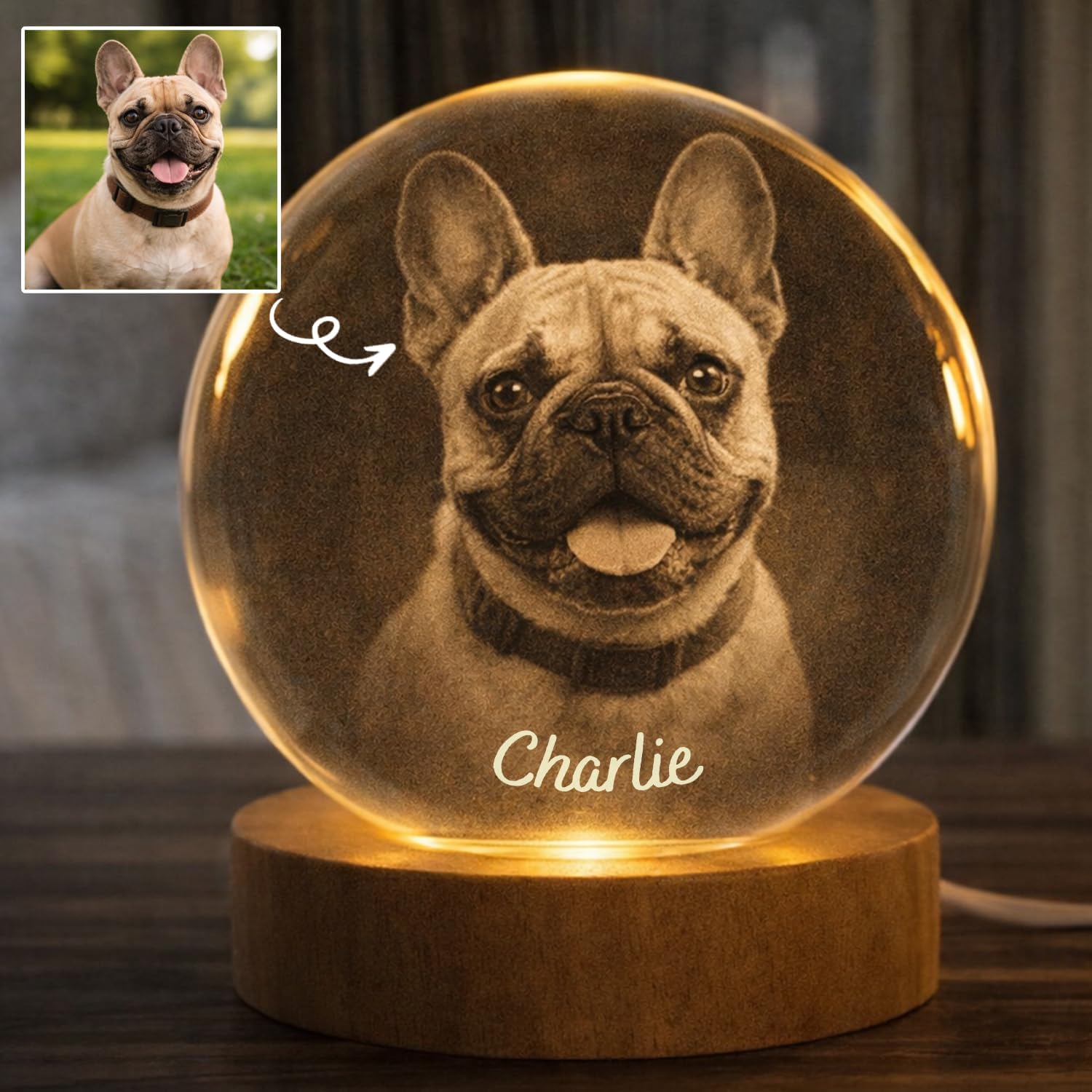 Personalized 3D Photo Crystal Ball, Custom Engraved Picture Lamp with Wood Base, Night Light for Dog Lovers, Dog Memorial Gifts, Loss of Pet Sympathy Gift Night Light, Custom Photo Portrait