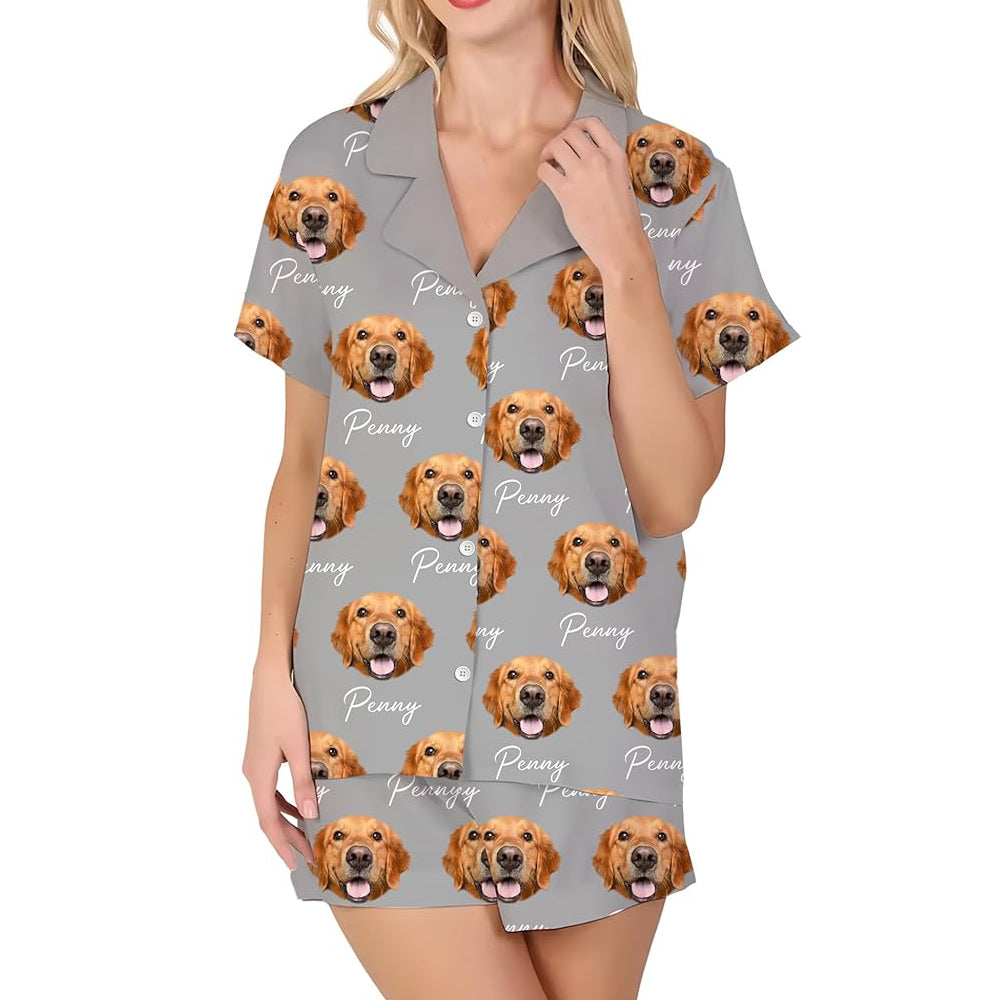 Personalized Women Pajamas Set with Photo, Custom Pet Face Button Down Pajamas Lounge, Gifts for Wife Girlfriend Mom