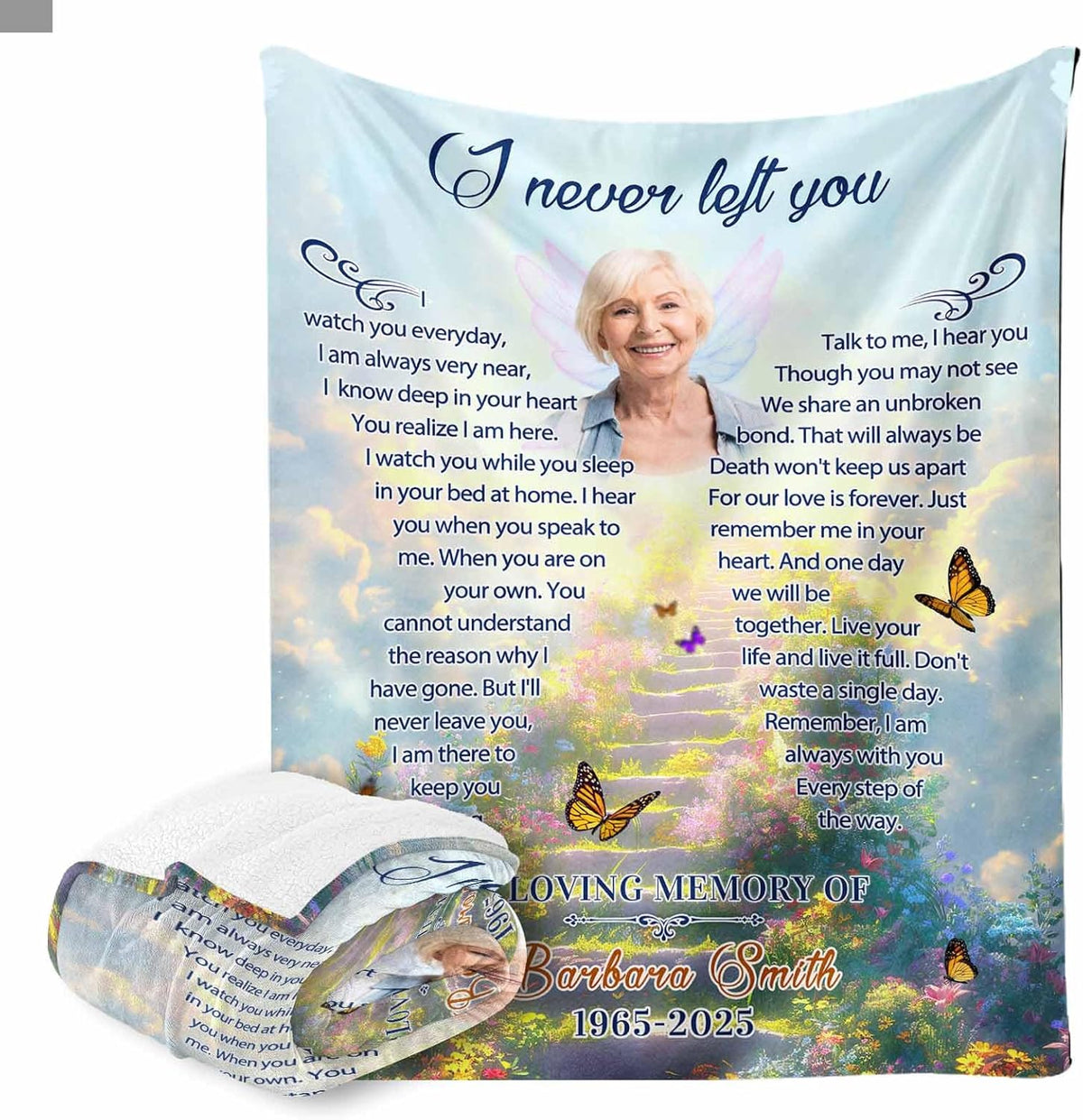 I Never Left You Custom Memorial Photo Blankets | in Memory of Loved One | Sympathy Gifts for Loss of Mother Father Husband Grandma Son | Bereavement Grief Gifts