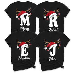 Personalized Christmas Initial T-Shirt, Custom Name Holiday Design with Reindeer Antlers, Multiple Colors Available, Family Matching Shirts