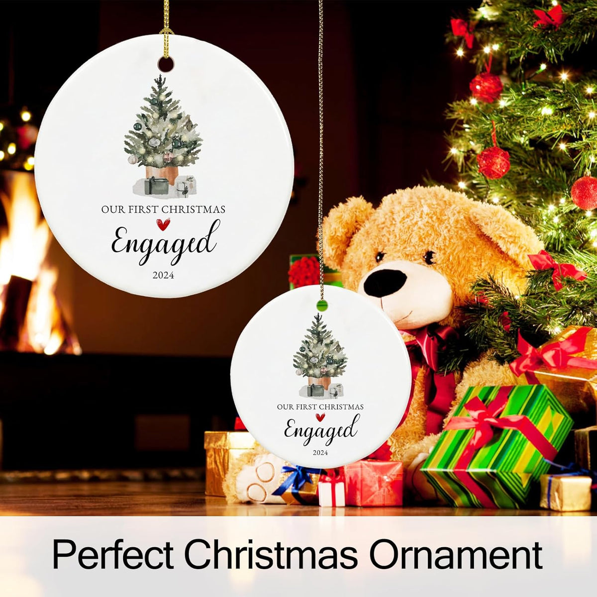 Our First Christmas Engaged Ornament 2024,Just Engaged Gifts for Couple, Ceramic Keepsake Engagement Ornaments 2024