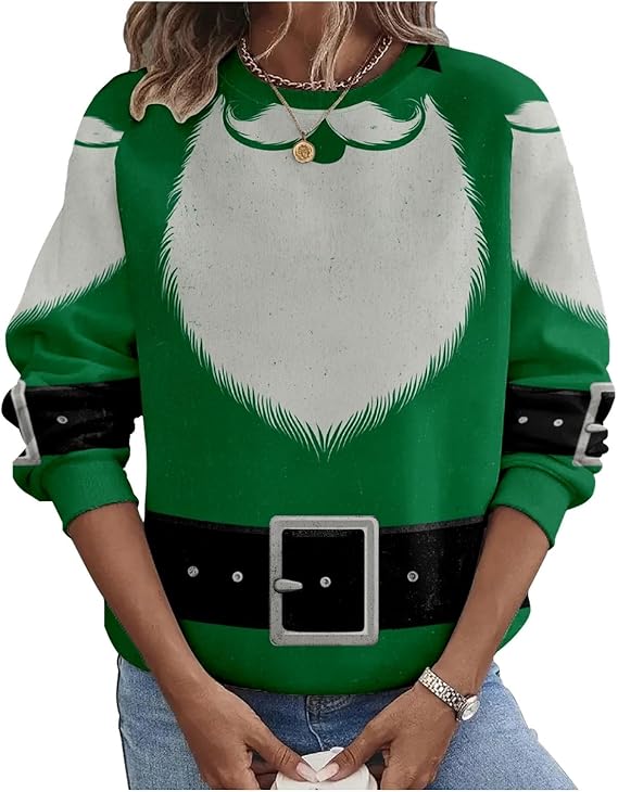 Funny Christmas Shirts for Women Santa Reindeer Graphic Long Sleeve Crewneck Sweatshirts Xmas Ugly Festival Wear