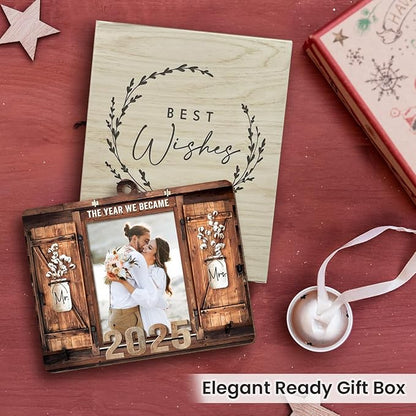Personalized Wedding Gifts for Couples 2025 - Marriage Customized Wood Ornaments with Photos, Bridal Shower Gifts for Bride, Mr and Mrs Engagement Gift, Personalized Picture Frame