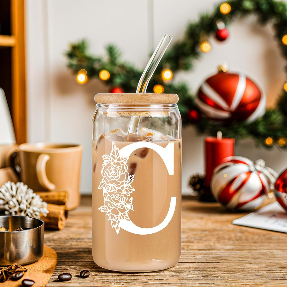 Gifts for Holidays,Birthday Gifts for Women,Personalized Initial Glass Cup as Iced Coffee Cups,Aesthetic Smoothie Cup Cute Beer Tumbler,16 oz Glass Cups