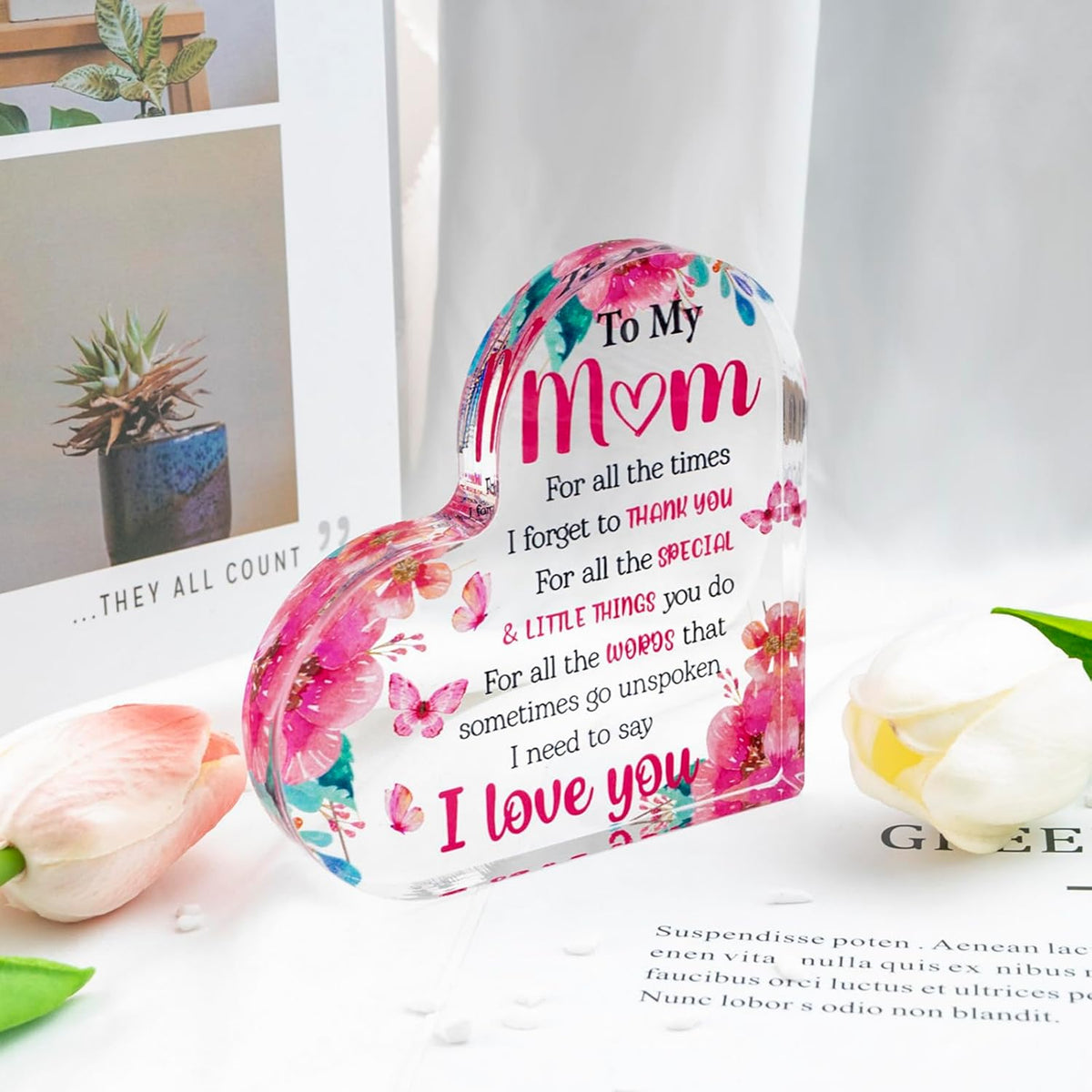 Mom Valentine Gift Mom Gifts for Mothers Day Heart Shaped Acrylic Block for Moms Gifts for Moms from Daughter Son Birthday Christmas I Love You Mother