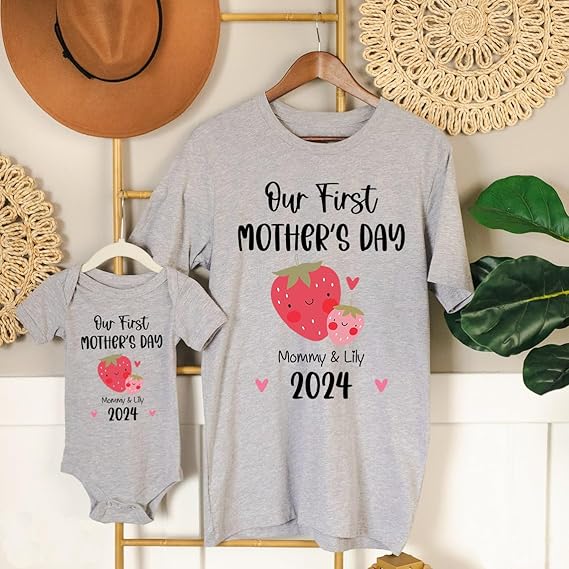 Personalized Our First Mothers Day Matching Shirts, Mom Baby Matching Outfits Mothers Day 2025 Strawberry shirt