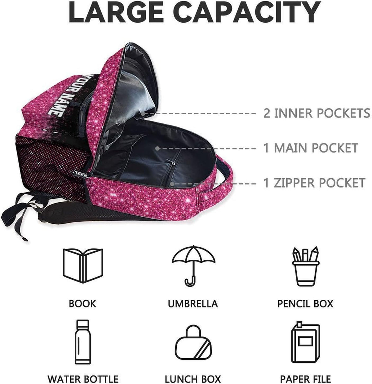 Custom Cheer Backpack, Cheerleader Backpacks Gifts for Girls - Pink Glitter Durable Kids Book Bag for Cheerleading Elementary