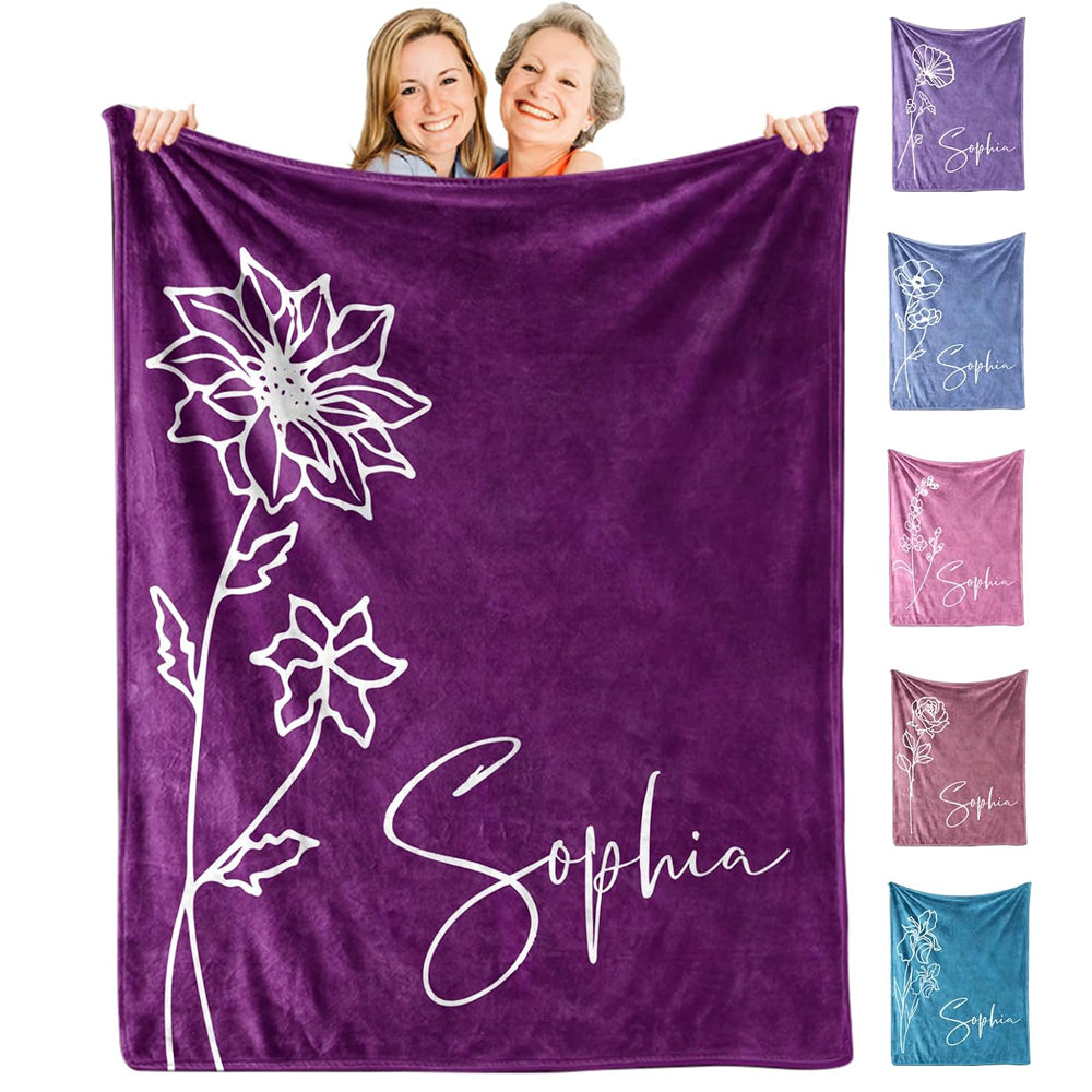 Mom Birthday Blanket Gift, Custom Blanket with Name and Birth Month Flowers, Personalized Blankets for Adults, Personalized Gifts for Women, Mom, Grandma