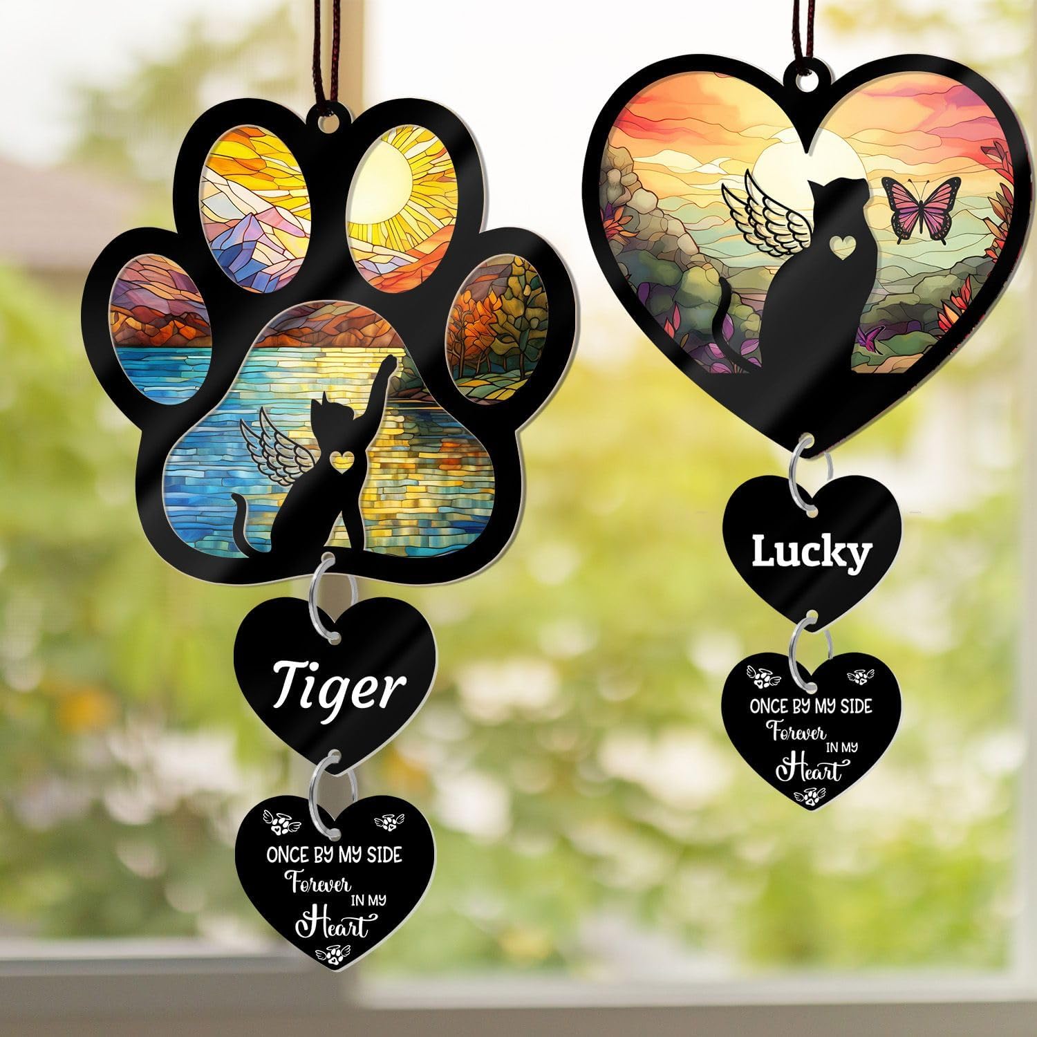 Personalized Cat Memorial Suncatcher for Windows Stained Glass, Custom Pet Sympathy Gift to Memorialize The Loss,Unique Angel Cat Statue Suncatchers with Personalized Decorations