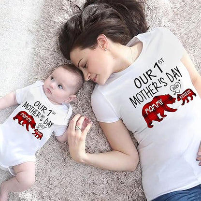 Mama Bear Plaid Pattern Personalized Our First Mothers Day Matching Shirts, Mom Baby Matching Outfits Mothers Day 2025