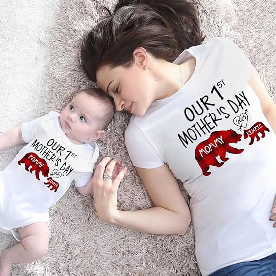 Mama Bear Plaid Pattern Personalized Our First Mothers Day Matching Shirts, Mom Baby Matching Outfits Mothers Day 2025