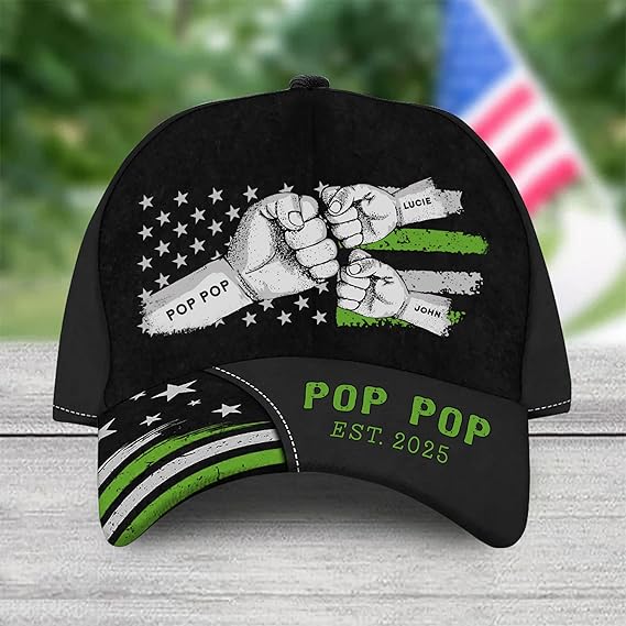 Personalized Grandpa Cap, Fist Bump Flag Dad Hat Custom Name, 3D Baseball Cap Men, Fathers Day Hat Gift for Dad Papa