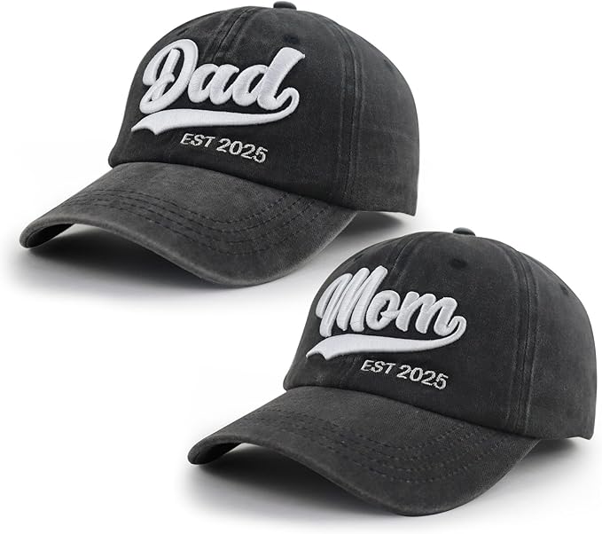 Mom and Dad EST 2025 Hat, Embroidered Adjustable Cotton New Parents Gifts Baseball Cap