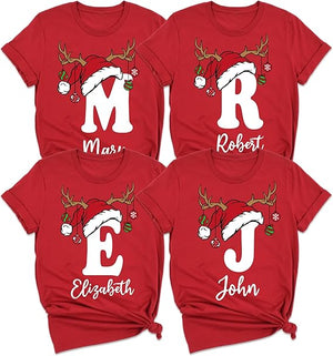 Personalized Christmas Initial T-Shirt, Custom Name Holiday Design with Reindeer Antlers, Multiple Colors Available, Family Matching Shirts