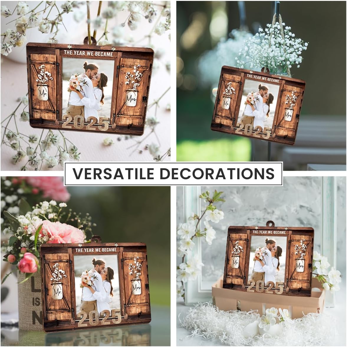 Personalized Wedding Gifts for Couples 2025 - Marriage Customized Wood Ornaments with Photos, Bridal Shower Gifts for Bride, Mr and Mrs Engagement Gift, Personalized Picture Frame