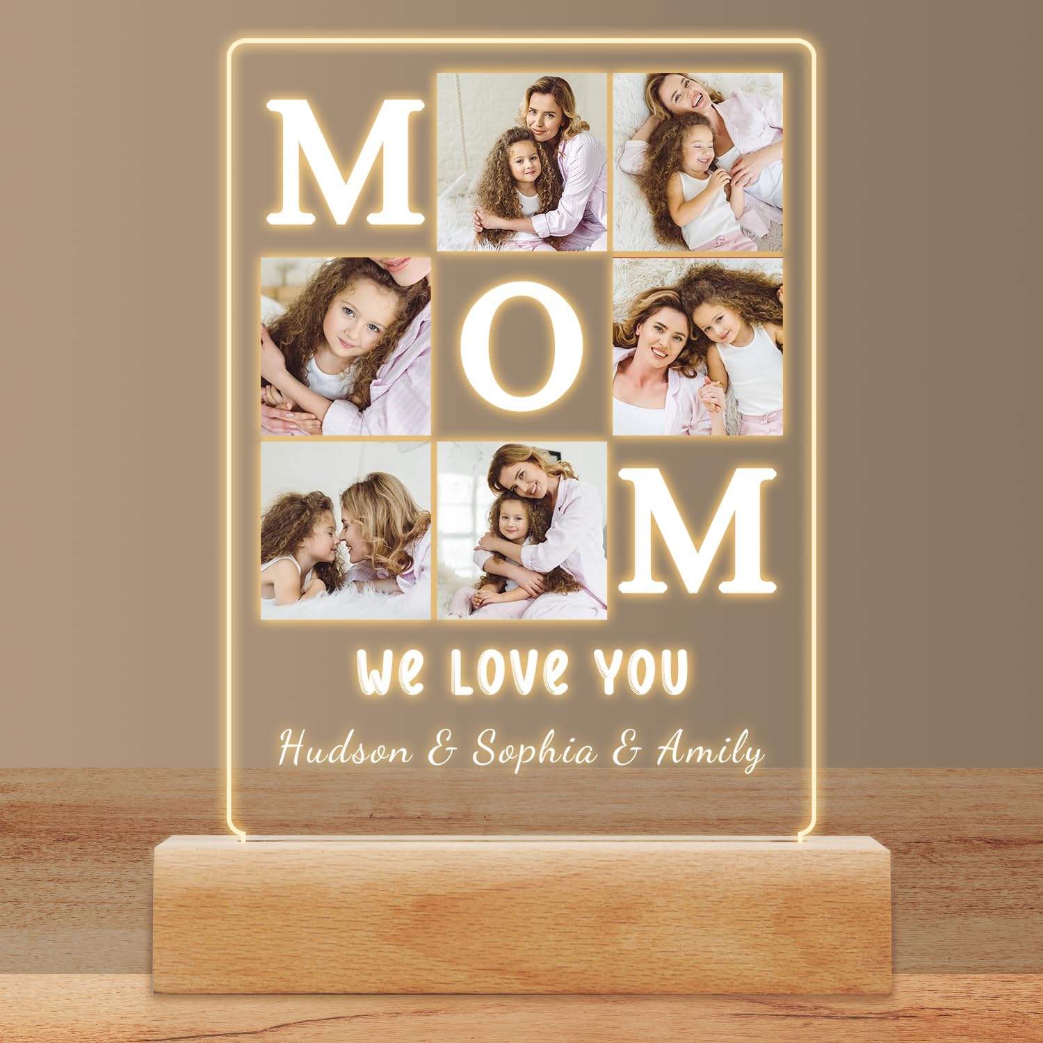 Personalized MOM Picture Frames with Night Light, Mothers Day Birthday Gifts for Mom From Daughter Son, Custom Photo Plaque with Kids Name, Customized MAMA Birthday Gifts for Women