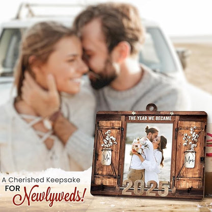 Personalized Wedding Gifts for Couples 2025 - Marriage Customized Wood Ornaments with Photos, Bridal Shower Gifts for Bride, Mr and Mrs Engagement Gift, Personalized Picture Frame