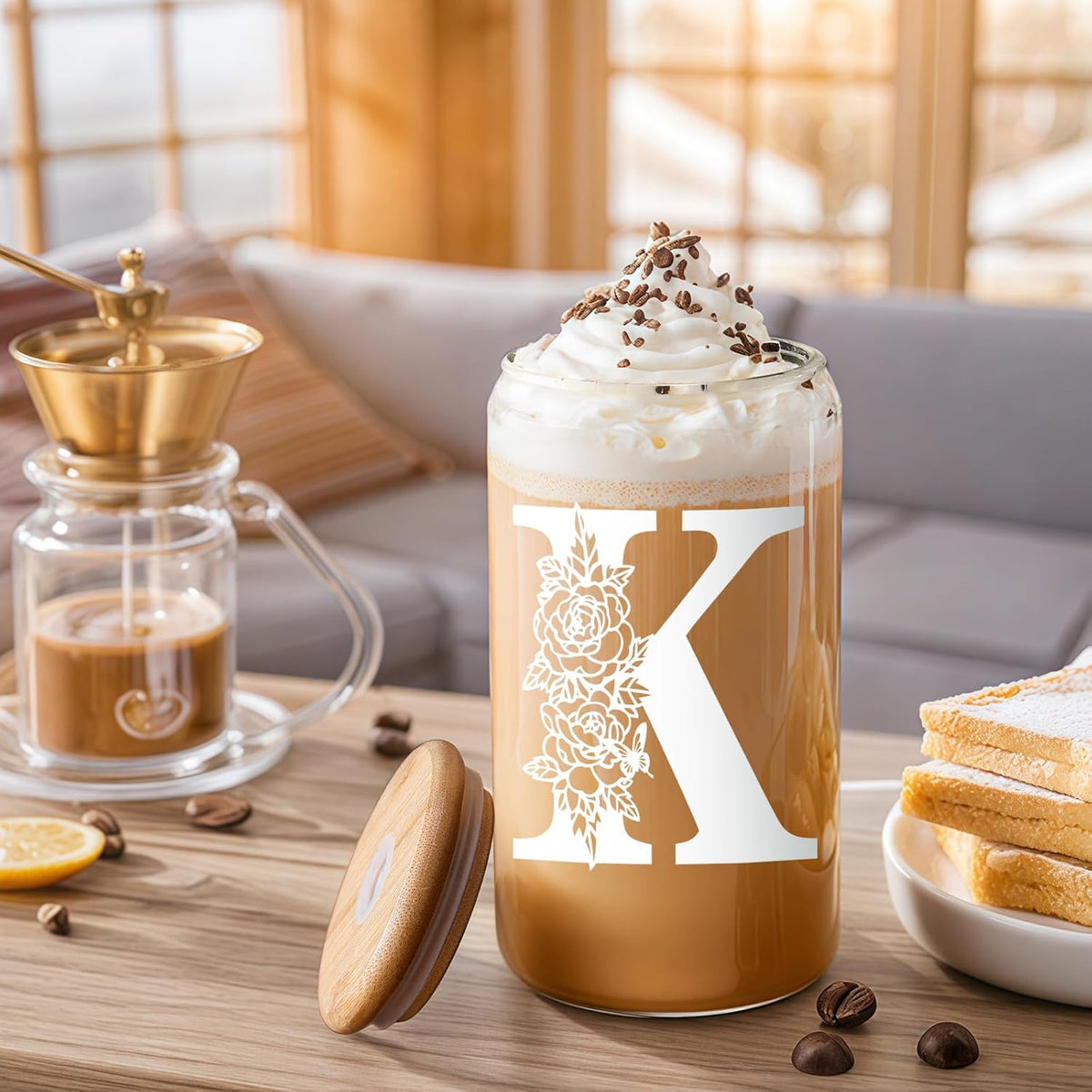 Gifts for Holidays,Birthday Gifts for Women,Personalized Initial Glass Cup as Iced Coffee Cups,Aesthetic Smoothie Cup Cute Beer Tumbler,16 oz Glass Cups