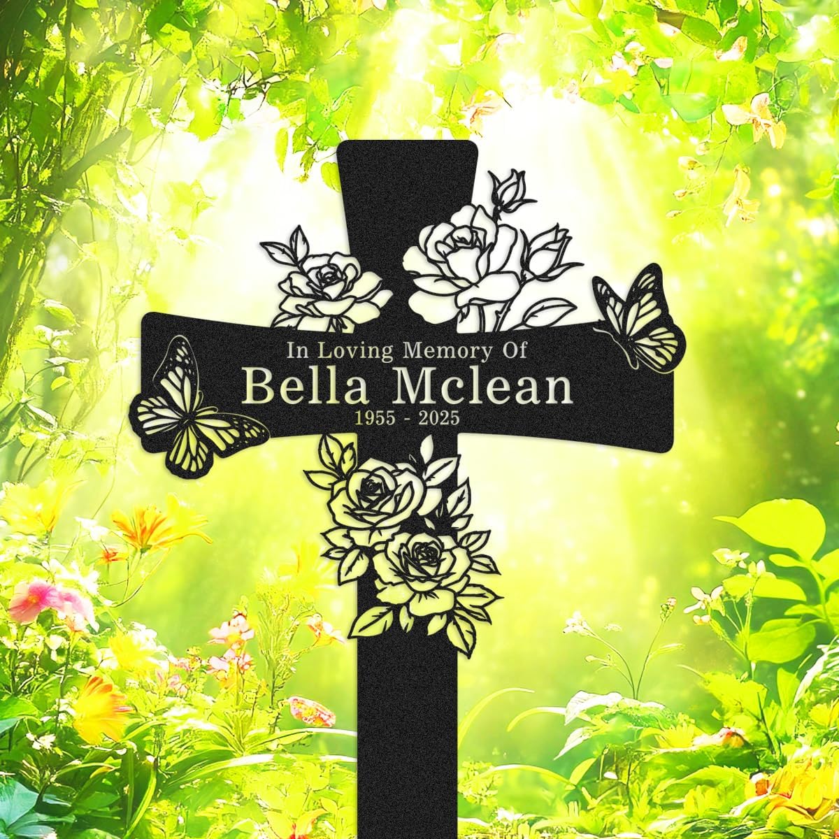 Custom Rose Flowers Memorial Stake Grave Marker for Mom Grandma, Personalized Metal Floral Butterflies Cross Stake Memorial Plaque for Mom Cemetery Grave Outdoors Yard Garden Decorations