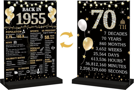 70th Birthday Decorations Gift for Women Men, Black Gold Back in 1955 1965 1975 1985 Poster Acrylic Sign Centerpiece 70th Anniversary Table Decor, 70 Years Old Birthday Party Supplies