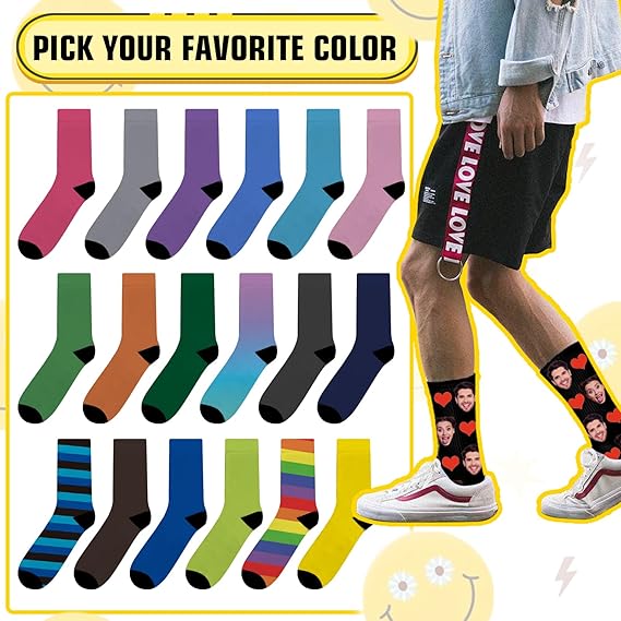 Custom Face Socks with Picture, Personalized Socks with Photo Customized Unisex Funny Crew Sock Gifts for Men Women