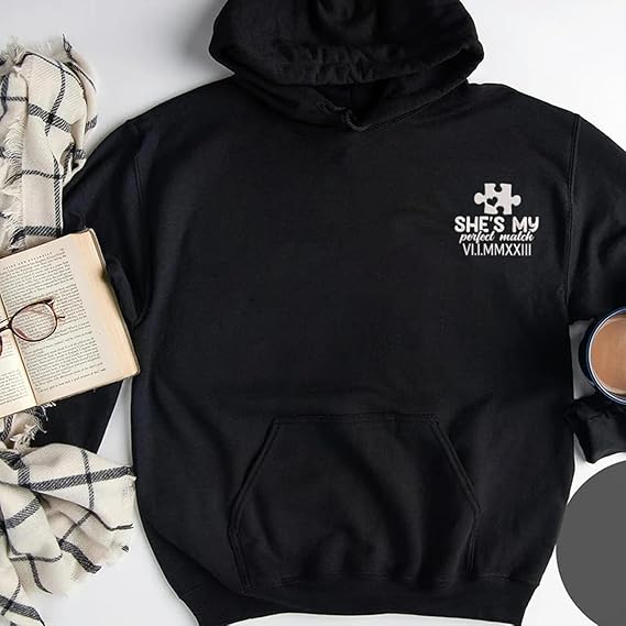 Custom Embroidered Perfect Piece and Roman Numeral Sweatshirt and Hoodie, Custom Name for Couple, Embroidered Custom Aniversary Date and Initial Hearts, Gifts for Him Her, Matching Couples