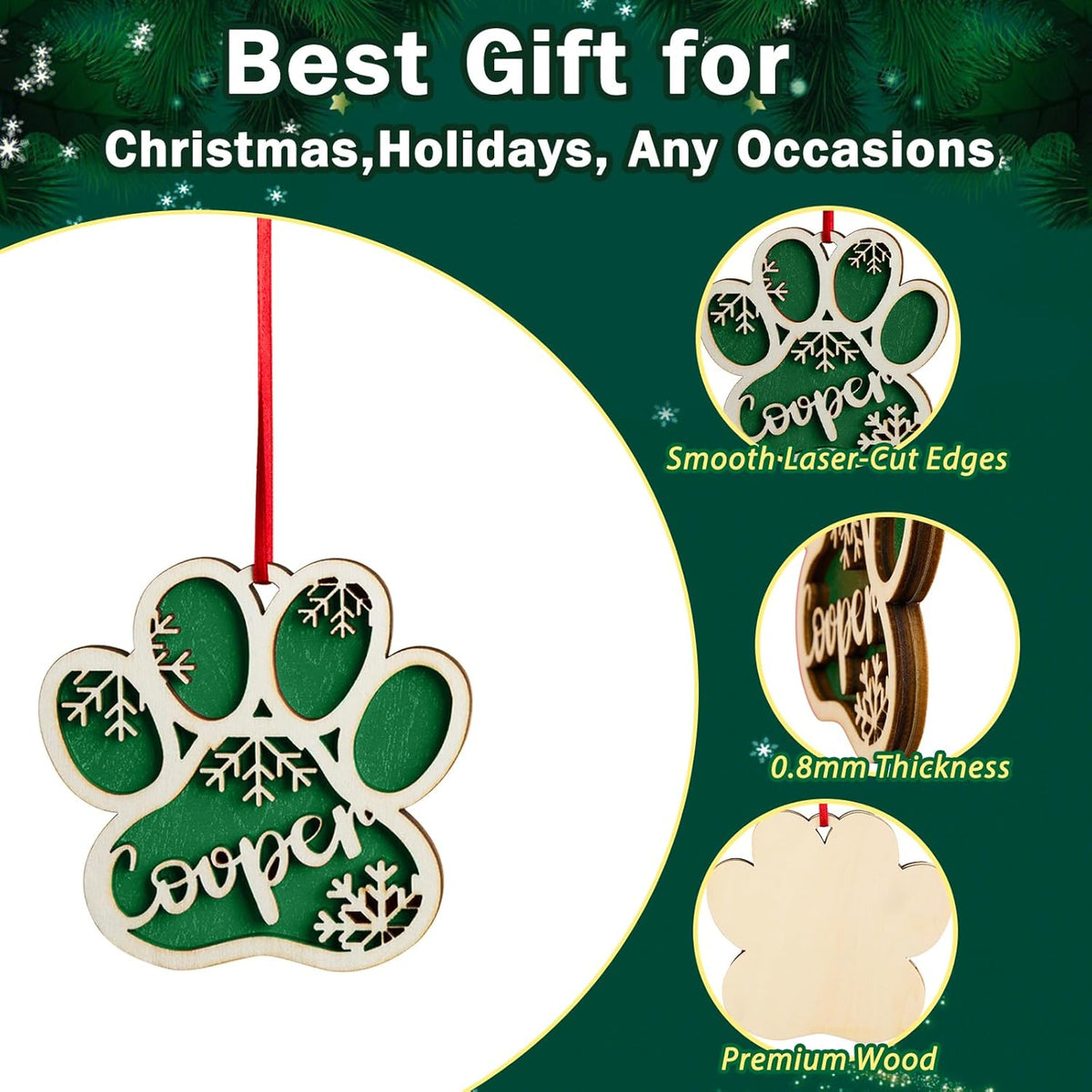 Personalized Pet Paw Ornament, Wooden 2 Layer Christmas Ornament with Name, Gift for Dog Lover or Pet Memorial Keepsake, Pet Name Christmas, Winter Snowflake Wooden Holiday Decor