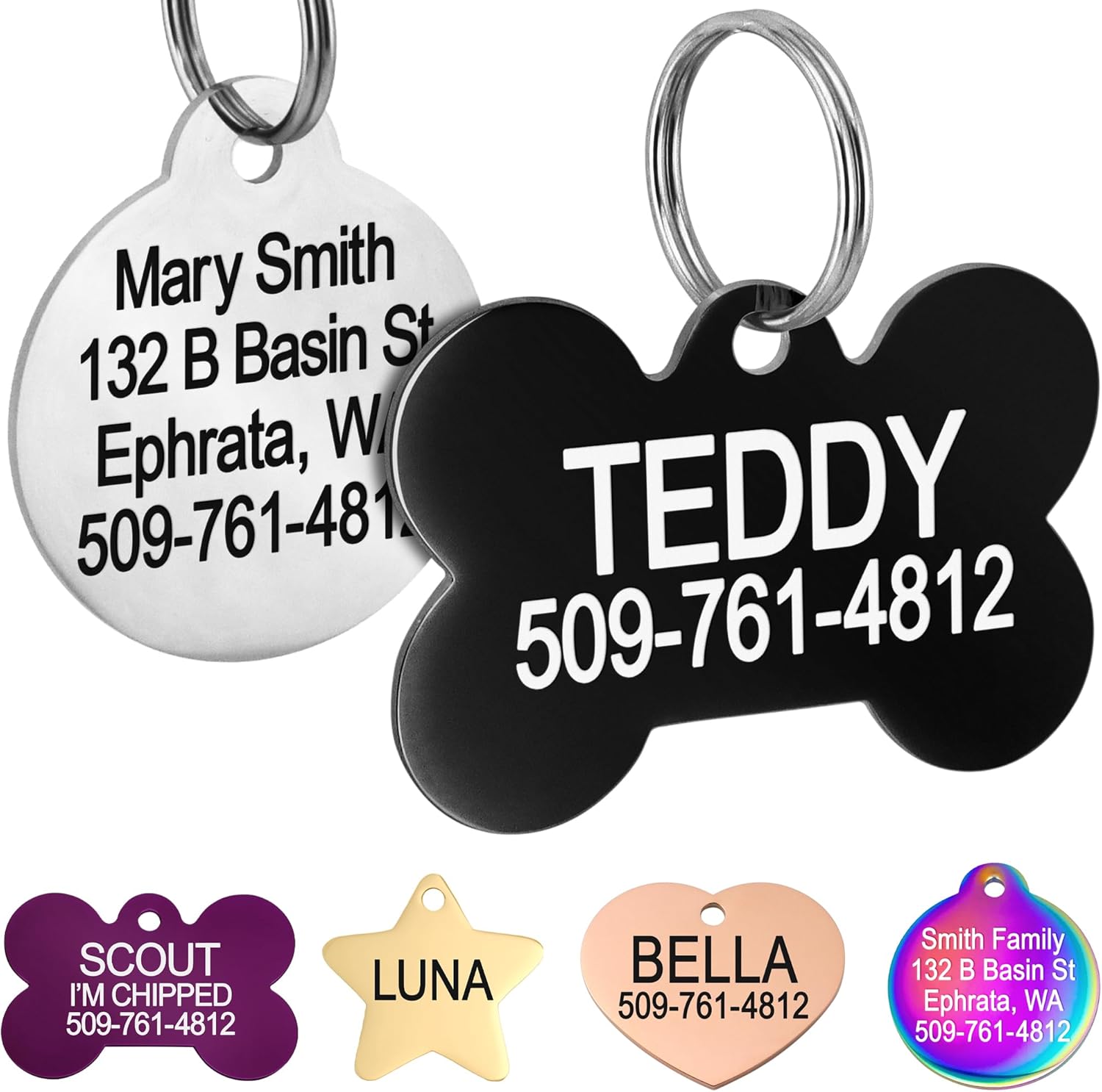 Stainless Steel Pet ID Tags - Engraved Personalized Dog Tags, Cat Tags Front & Back up to 8 Lines of Text Bone, Round, Heart, Flower, Badge, House, Star, Rectangle, Bow Tie