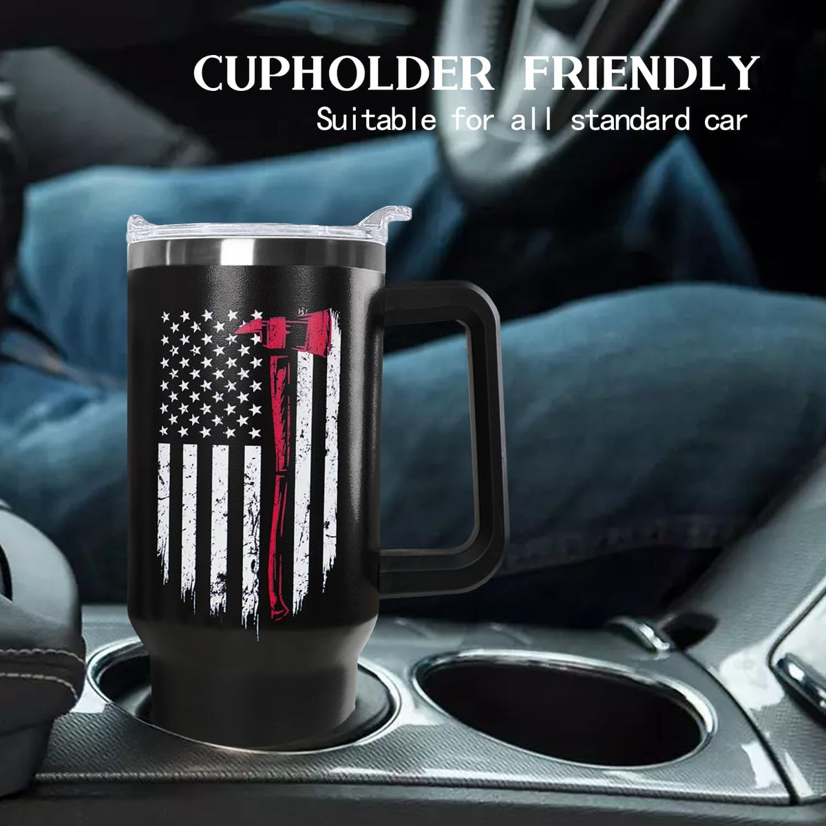 Firefighter Gifts for Men,40 oz American Flag Tumbler with Handle Lid and Straw Stainless Steel Cups Mug, Firefighter Stuff Supplies Accessories