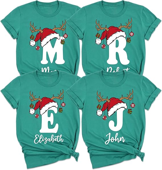 Personalized Christmas Initial T-Shirt, Custom Name Holiday Design with Reindeer Antlers, Multiple Colors Available, Family Matching Shirts