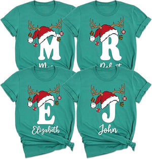 Personalized Christmas Initial T-Shirt, Custom Name Holiday Design with Reindeer Antlers, Multiple Colors Available, Family Matching Shirts