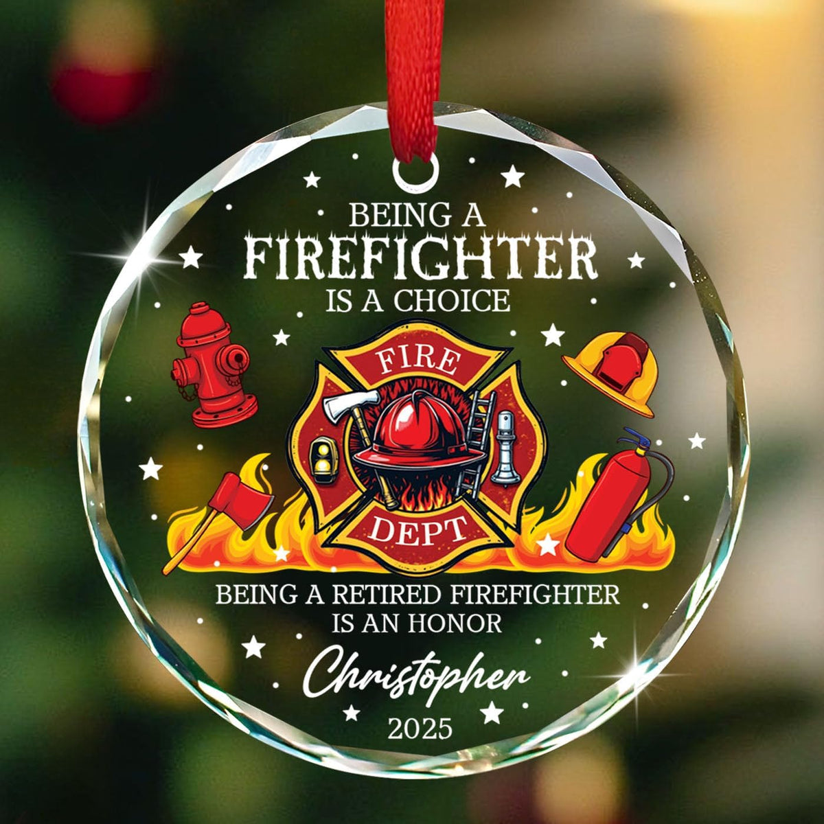 Custom Name/Year Retired Firefighting Christmas Glass Ornament 2025, Being A Retired Firefighter is an Honor Ornaments, Personalized Fireman Retirement Ornament Gifts for Men Dad Husband Coworkers