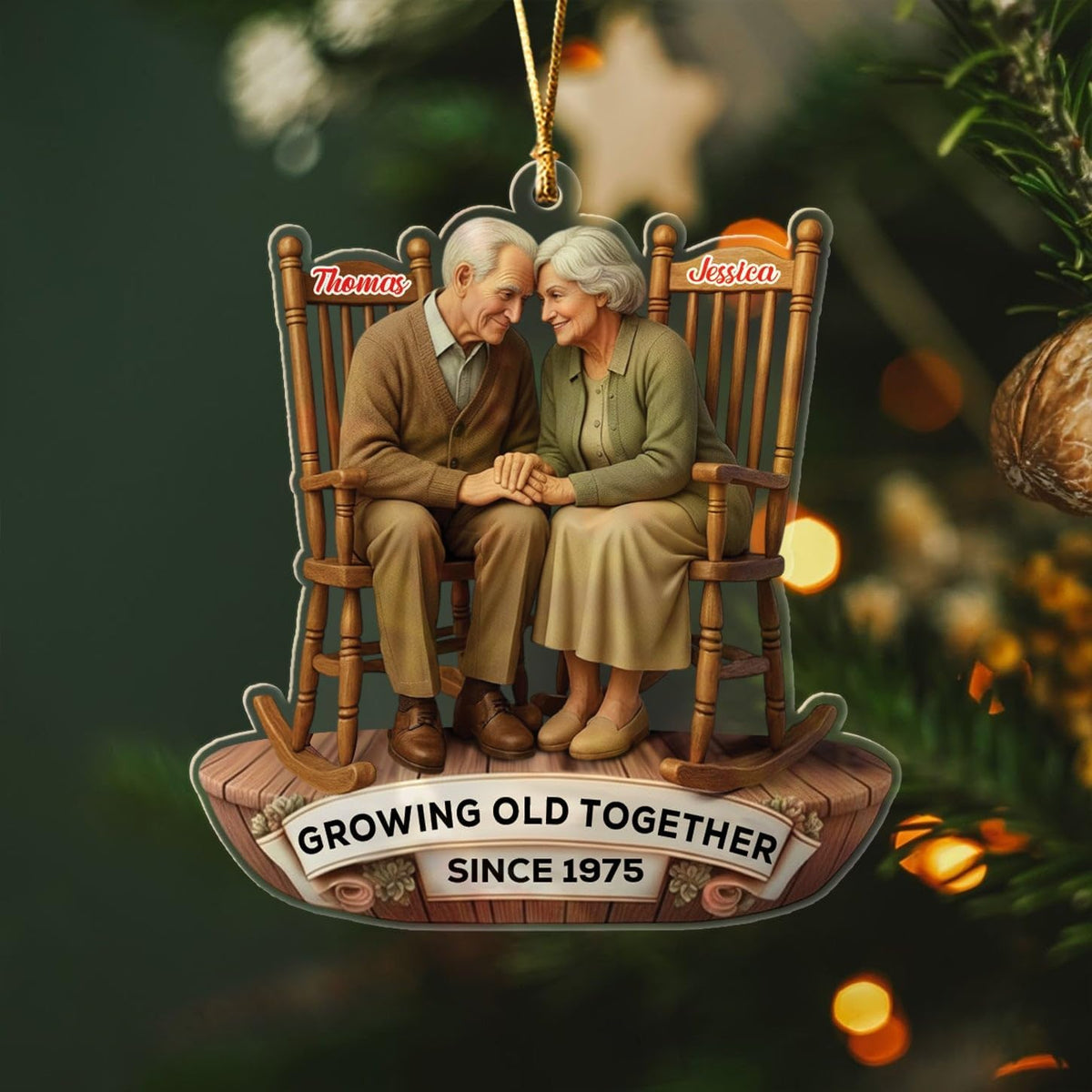 Personalized Growing Old Together Christmas Ornament 2025, Old Couple Sitting On Rocking Chairs Shaped Ornament Gift for Parents Grandparents,Custom Text Name Mr Mrs Ornaments for Wedding Anniversary