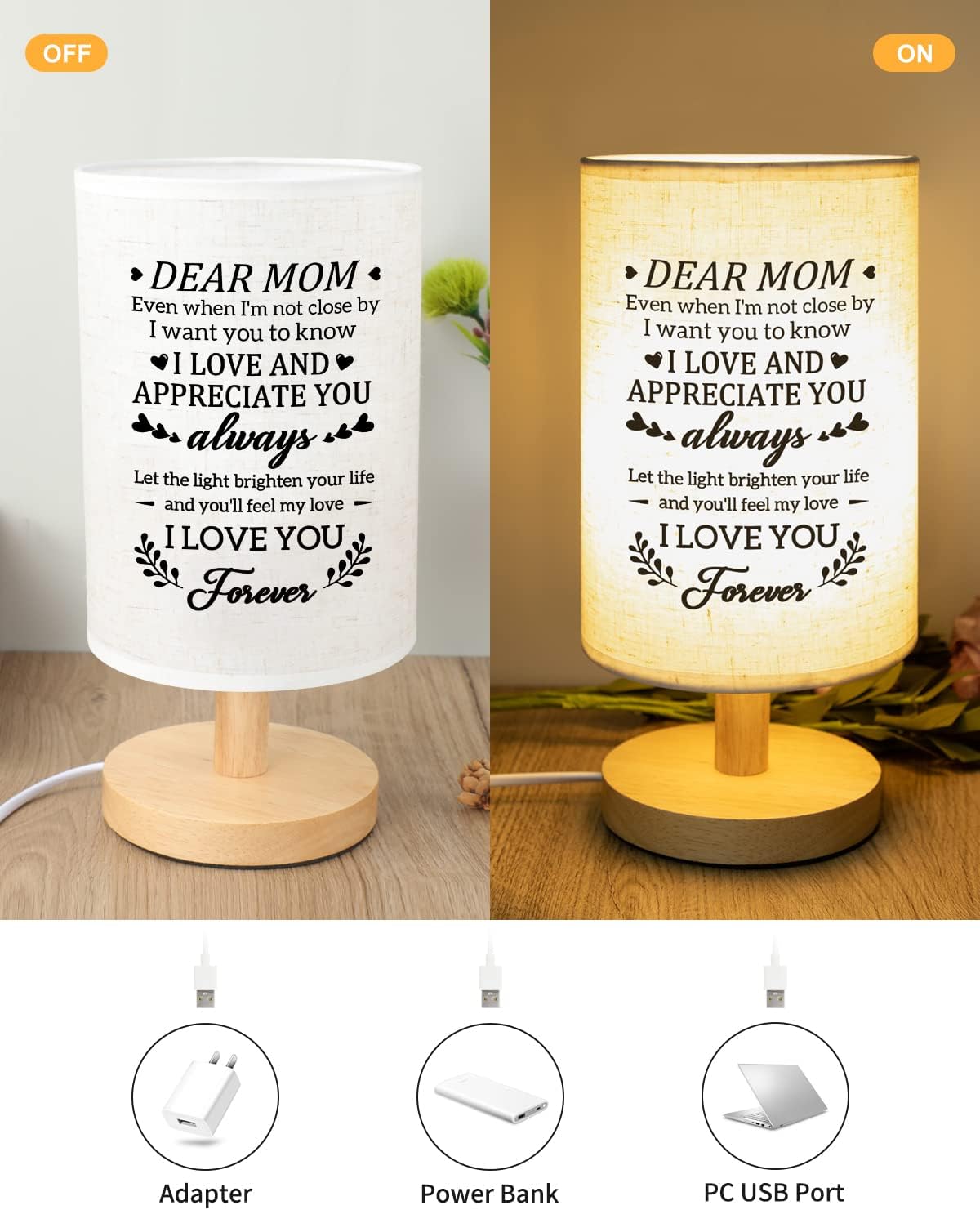 Gifts for Mom from Daughter Son, Mom Gifts for Birthday Fabric Lamp, Birthday Gifts for Mother Table Lamp with Wooden Stand