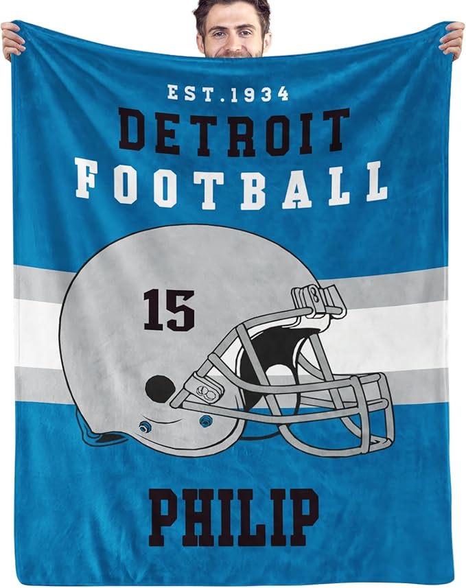 Custom Football Blanket Personalized with Name City and Helmet Number Soft Flannel Football Throw Blankets Gifts for Teen Boys Athletes Fans Kids Adult