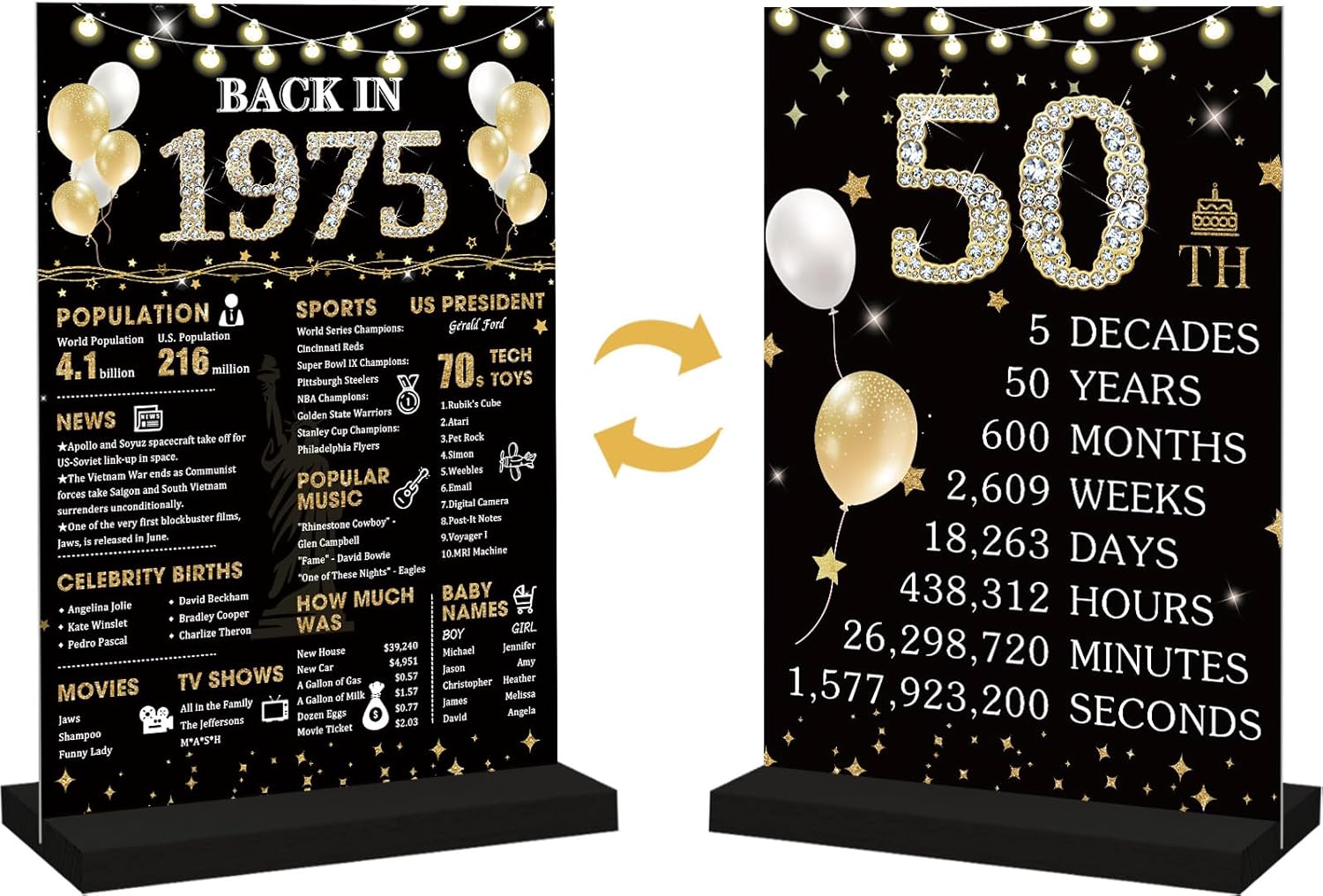 50th Birthday Decorations Gift for Women Men, Black Gold Back in 1975 Poster Acrylic Sign Centerpiece 50th Anniversary Table Decor, 50 Years Old Birthday Party Supplies