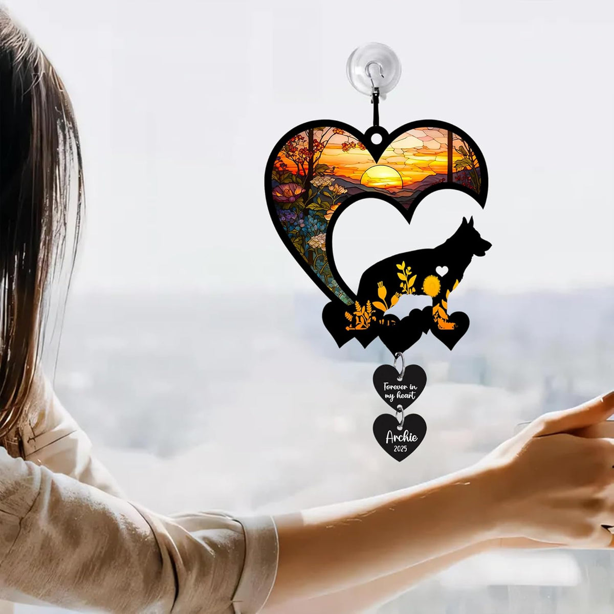 Personalized Dog Memorial Suncatcher, Custom Pet Memorial Gifts for Loss of Dog, SunCatcher Gift for Someone Who Lost a Dog, Dog Remembrance Stained Glass, Hanging Garden Decor with Heart