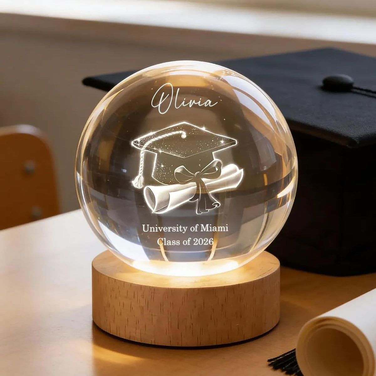 Personalized Graduation Crystal Ball LED Night Light Custom Senior Illusion Graduation Cap Lamp, Congrats Class of 2026 2027 Graduation Gift for Women Men Daughter Son Grandkids