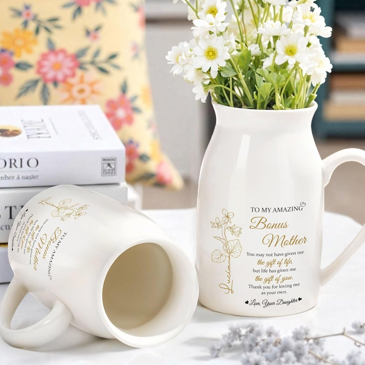 Personalized to My Amazing Bonus Mother Ceramic Flower Vase for Women Stepmoms Bonus Moms Custom Birth Month Flowers and Sentimental Text Vase Perfect Idea for Her On Mother's Day Ideal Home Decor